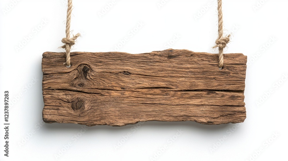 Rustic Weathered Brown Wooden Sign Hanging on Twine Against White Background Rustic Weathered Brown Wooden Sign Hanging on Twine Against White Background