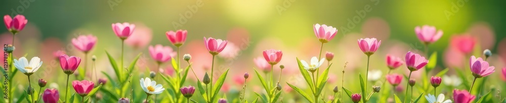 Obraz premium Pink and white wildflowers sway in the breeze, nature, spring, floral
