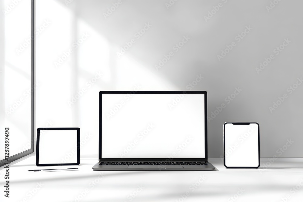 Modern Devices on Surface with Empty Screens and Bright Lighting Modern Devices on Surface with Empty Screens and Bright Lighting