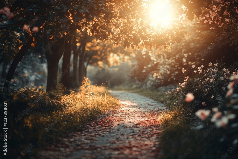 Sunset path, rose garden, park, nature, tranquility Sunset path, rose garden, park, nature, tranquility