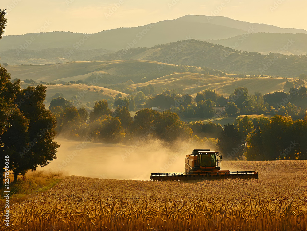 Naklejka premium Combine harvesting wheat in rolling hills at sunrise