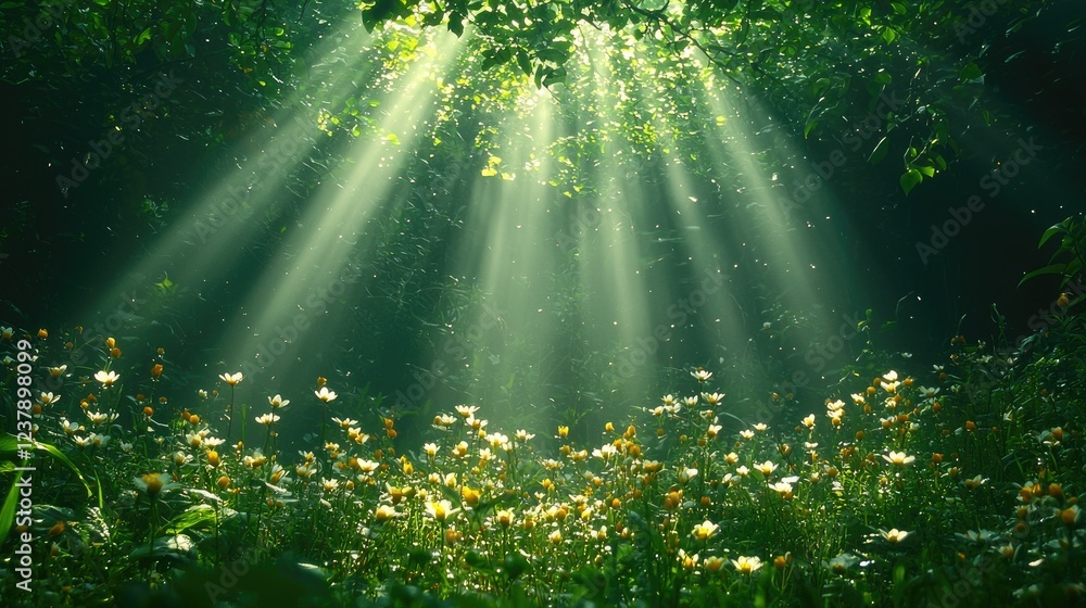 Fototapeta premium Sunbeams Illuminate A Field Of Blossoming Flowers
