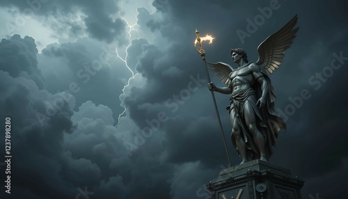 Statue Under Dark Stormy Sky with Clouds