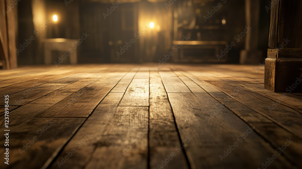 A rustic wooden floor illuminated by soft ambient lighting, featuring intricate wood grain details and a natural, earthy color palette A rustic wooden floor illuminated by soft ambient lighting, featuring intricate wood grain details and a natural, earthy color palette
