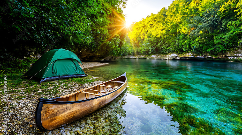 Fototapeta premium Serene River Camping Scene Canoe Tent and Crystal Clear Water