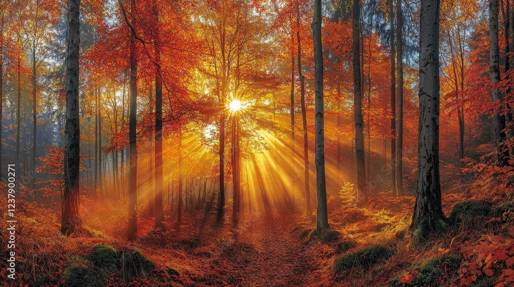 Autumn Sunlight Illuminates a Forest Path