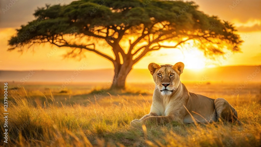 Golden Hour Lioness Reposing Underneath a Majestic Acacia Tree in the Savannah Golden Hour Lioness Reposing Underneath a Majestic Acacia Tree in the Savannah
