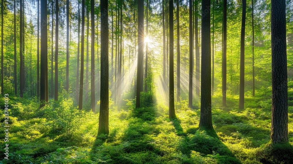 Obraz premium A dense forest with tall, green trees, sunlight filtering through the leaves.