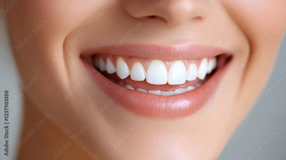 Fototapeta premium A Close-Up of a Young Woman's Radiant Smile Showcasing Bright, White Teeth and Natural Radiance in a Well-Lit Setting