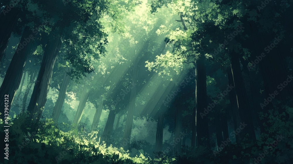 A dense forest with tall, green trees, sunlight filtering through the leaves. A dense forest with tall, green trees, sunlight filtering through the leaves.