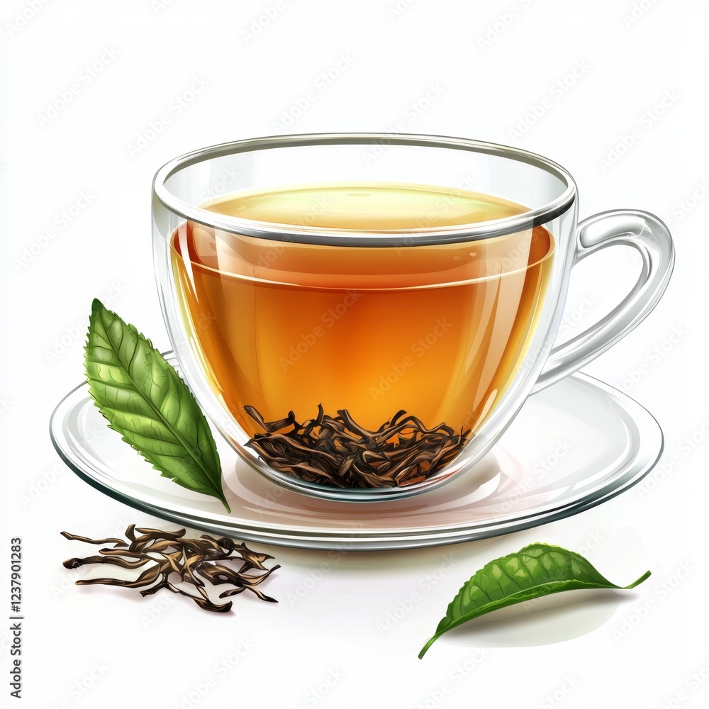 Transparent Cup with Warm Herbal Tea and Fresh Tea Leaves on White Background Transparent Cup with Warm Herbal Tea and Fresh Tea Leaves on White Background