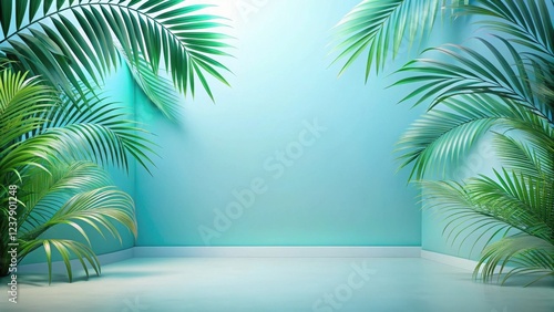 Serene Room Corner with Lush Tropical Foliage Against a Light Teal Wall