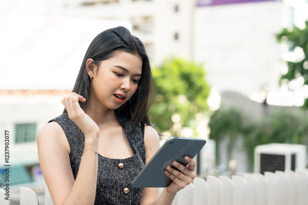 Fototapeta premium Lifestyle of Asian female office worker discussing something while using tablet in urban business district. Wearing stylish black vest and white skirt, appearing engaged in digital communication.