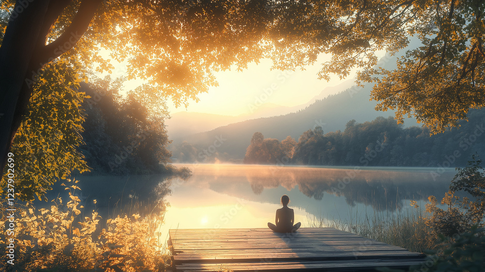 Meditation in Nature: A person sitting cross-legged on a wooden deck overlooking a peaceful lake at sunrise, practicing mindfulness meditation with soft morning light enhancing the serene atmosphere. Meditation in Nature: A person sitting cross-legged on a wooden deck overlooking a peaceful lake at sunrise, practicing mindfulness meditation with soft morning light enhancing the serene atmosphere.