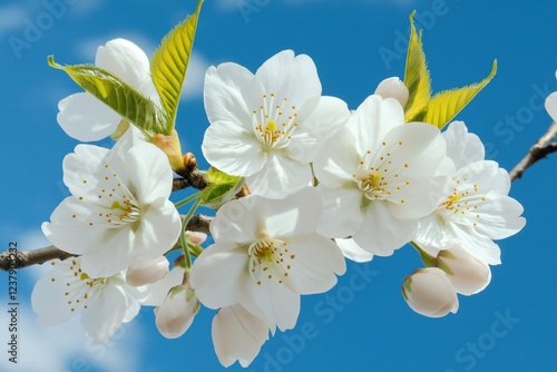 A close-up of white cherry blossoms in full bloom against a bright blue sky, with fresh green leaves and delicate petals symbolizing the beauty of spring