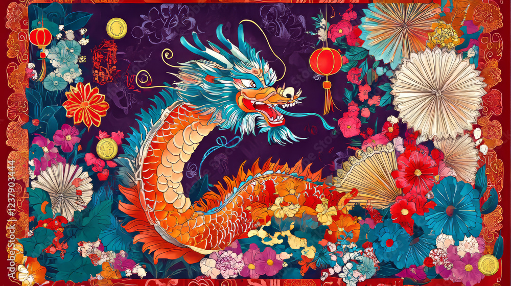 Chinese New Year festive symbols for Oriental Spring Festival greeting card. Dragon, zodiac dog and lantern, god of wealth, lucky coin and fan, pagoda, gold ingot and firework for asian holiday design Chinese New Year festive symbols for Oriental Spring Festival greeting card. Dragon, zodiac dog and lantern, god of wealth, lucky coin and fan, pagoda, gold ingot and firework for asian holiday design