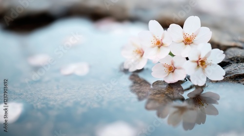 Delicate white cherry blossoms resting on water with soft reflections and a serene blue background, creating a tranquil and elegant springtime scene