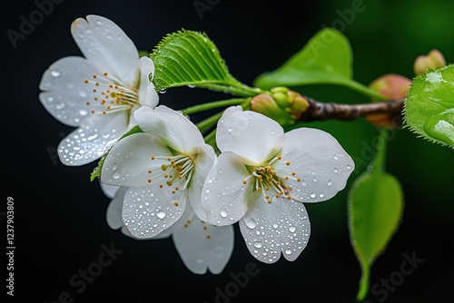 A close-up of white sakura blossoms covered in fresh dew, with vibrant green leaves and delicate petals against a dark background, evoking a sense of renewal and tranquility in spring