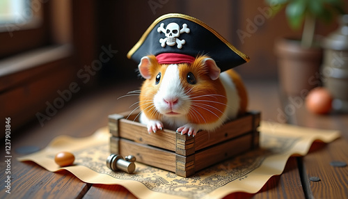 Guinea pig dressed as a pirate on a treasure chest