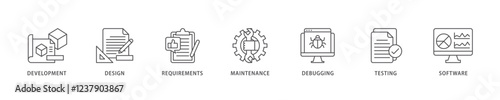 Agile icon set flow process which consists of development, design, requirements, maintenance, debugging, testing and software icon live stroke and easy to edit .