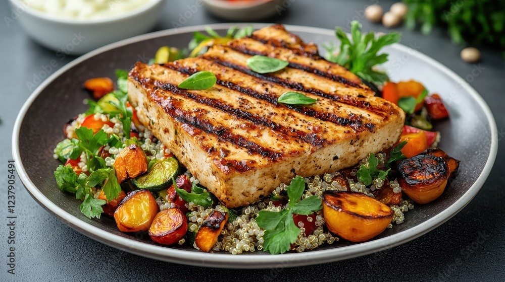 A beautifully plated grilled fish fillet atop a bed of vibrant vegetables and quinoa, garnished with fresh herbs. A beautifully plated grilled fish fillet atop a bed of vibrant vegetables and quinoa, garnished with fresh herbs.
