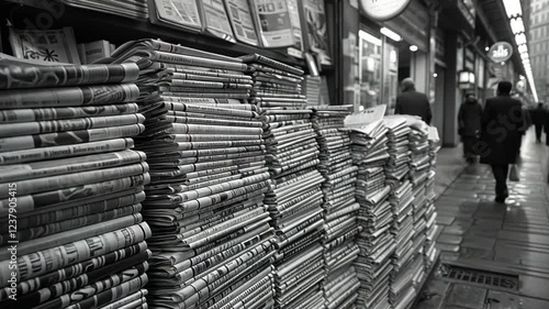 Newspapers Stacks at a Parisian Newsstand in Black and White
