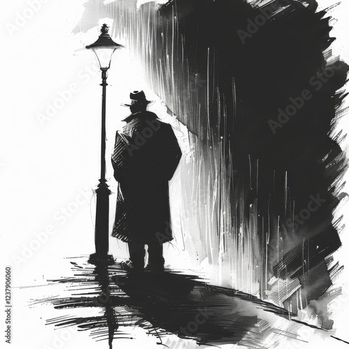 Noir Monochrome Ink Detective Illustration photo