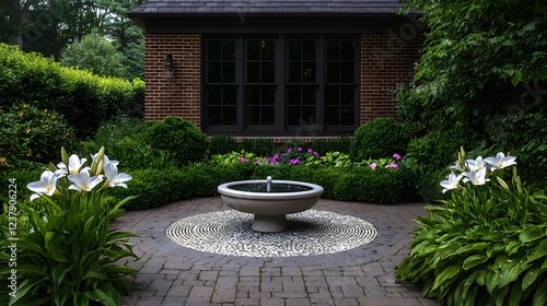 Tranquil Mosaic Fountain Surrounded by Lush Flowers in a Serene Garden Setting