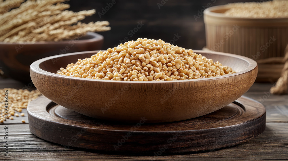 Cartoon wooden sushi rice bowl utensil, round plate filled with raw cereal grains. Isolated vector traditional Japan food cuisine meal, oriental restaurant Asian dining dish in natural rustic style Cartoon wooden sushi rice bowl utensil, round plate filled with raw cereal grains. Isolated vector traditional Japan food cuisine meal, oriental restaurant Asian dining dish in natural rustic style