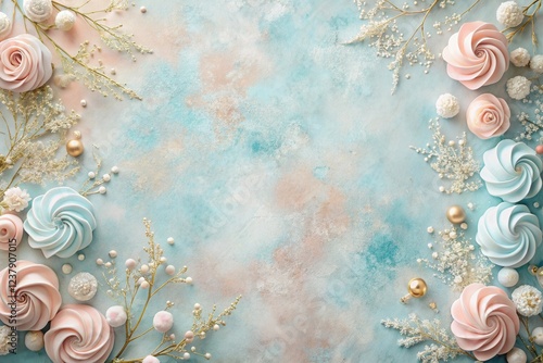 Pastel-colored meringue swirls and delicate floral accents arranged on a textured background create a dreamy, elegant scene, perfect for invitations or announcements.