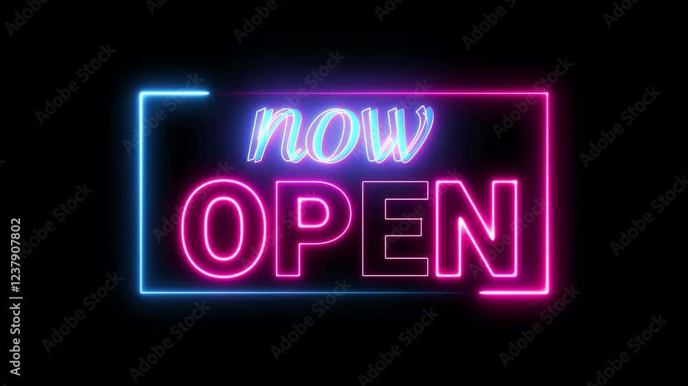 Glowing neon pink and blue text filck now open with star shape isolated on black background Glowing neon pink and blue text filck now open with star shape isolated on black background