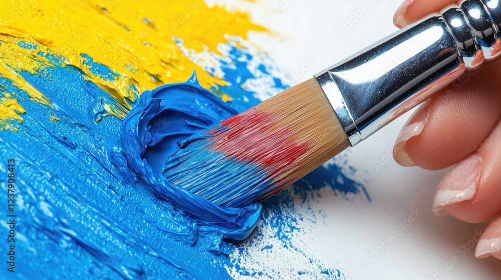Fototapeta premium A hand paints vibrant blue and yellow colors