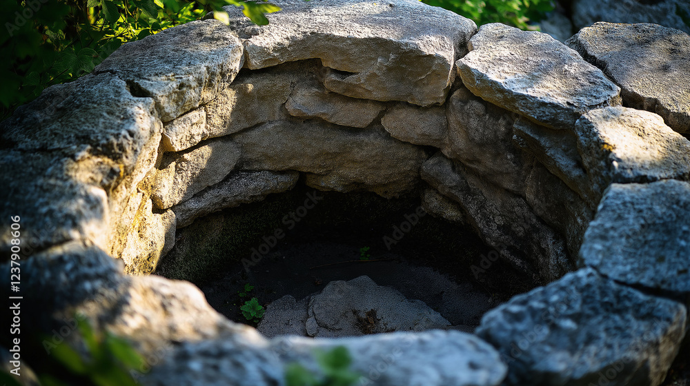 Close-up of a stone-walled dug well, soft diffused light filtering through the trees, historical theme with rich textures, macro shot capturing fine details Close-up of a stone-walled dug well, soft diffused light filtering through the trees, historical theme with rich textures, macro shot capturing fine details