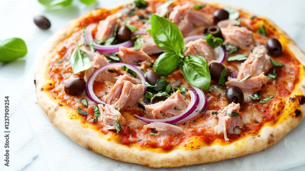 Delicious pizza topped with fresh tuna, red onions, and olives for a savory flavor explosion. Delicious pizza topped with fresh tuna, red onions, and olives for a savory flavor explosion.