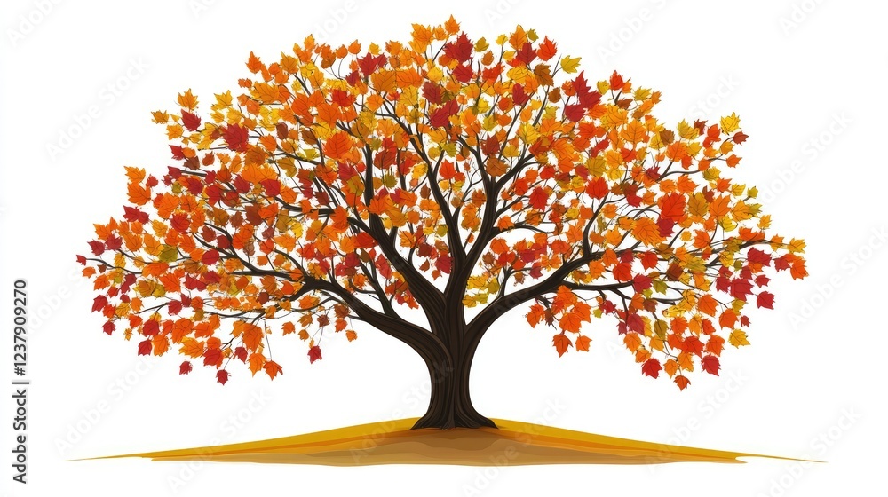 Naklejka premium A tree with branches full of colorful leaves turning orange and red in the fall.