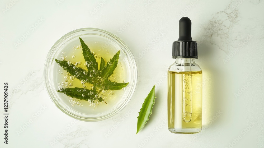 Top view of two Petri dishes with liquid and fresh green leaves inside, next to it is an aloe gel serum in a glass bottle with a dropper top on a light background Top view of two Petri dishes with liquid and fresh green leaves inside, next to it is an aloe gel serum in a glass bottle with a dropper top on a light background