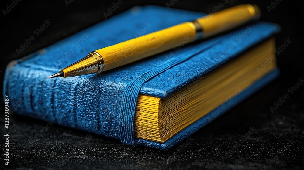 Fototapeta premium A Yellow Pen Rests Upon A Blue Notebook