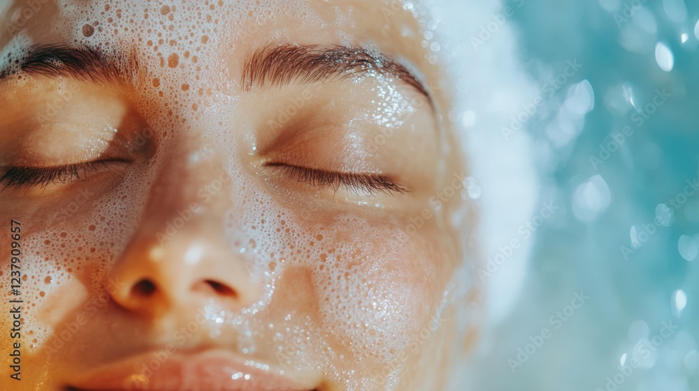 Close-up of a Young Woman Enjoying a Refreshing Spa Treatment with Foam on Her Face, Highlighting Relaxation and Skin Care in a Serene Aquatic Environment Close-up of a Young Woman Enjoying a Refreshing Spa Treatment with Foam on Her Face, Highlighting Relaxation and Skin Care in a Serene Aquatic Environment