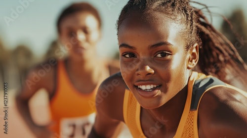 Two Young Female Athletes Focused on Running Race Preparation in Bright Outdoor Stadium Setting, Showcasing Determination, Training, and Team Spirit photo