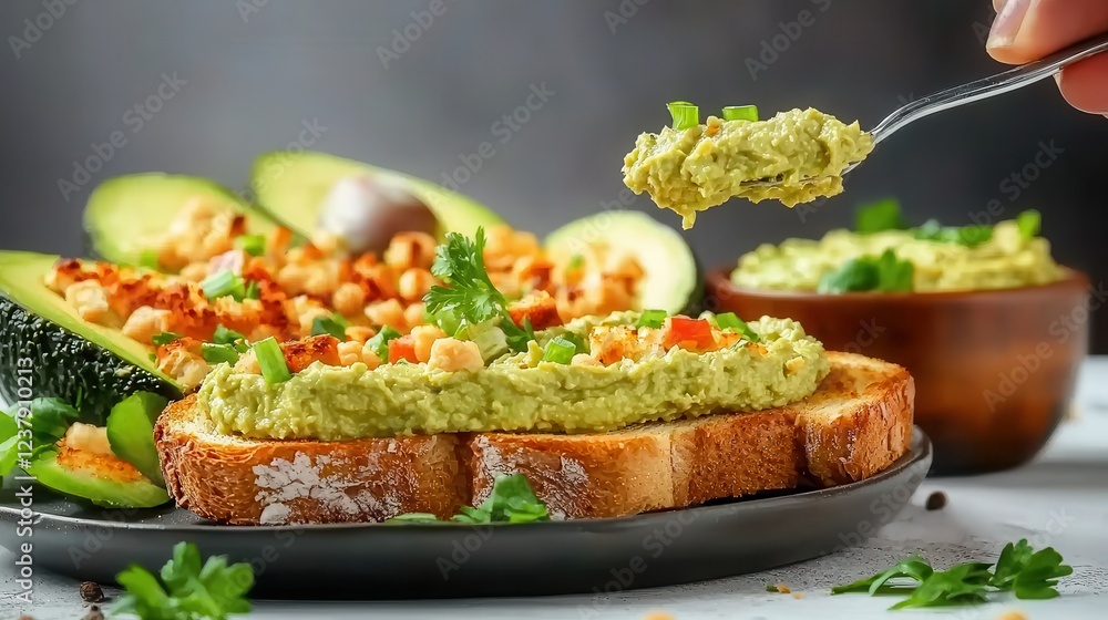 A vibrant plate featuring guacamole spread on toast, garnished with herbs, surrounded by avocado slices and a bowl of chopped ingredients. A vibrant plate featuring guacamole spread on toast, garnished with herbs, surrounded by avocado slices and a bowl of chopped ingredients.