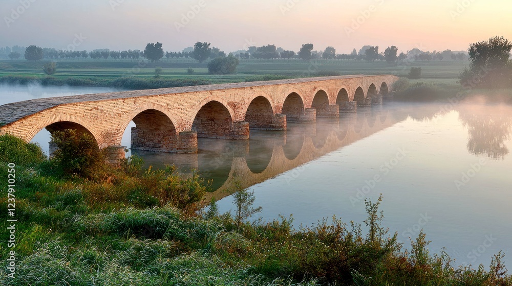 Fototapeta premium Ancient Stone Bridge over Calm River at Sunrise. Picturesque Landscape, Misty Morning, Tranquil Scene, Scenic View