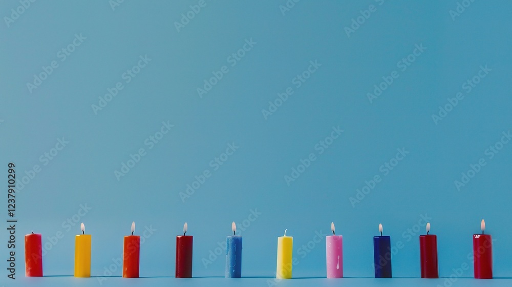 A row of lit colorful birthday candles standing out against a blue background, vividly symbolizing celebration and joy A row of lit colorful birthday candles standing out against a blue background, vividly symbolizing celebration and joy