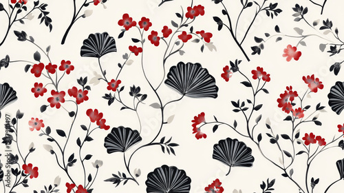 Pretty repeat black fan shaped floral motif in a seamless background pattern in square format suitable for wallpaper or fabric design photo