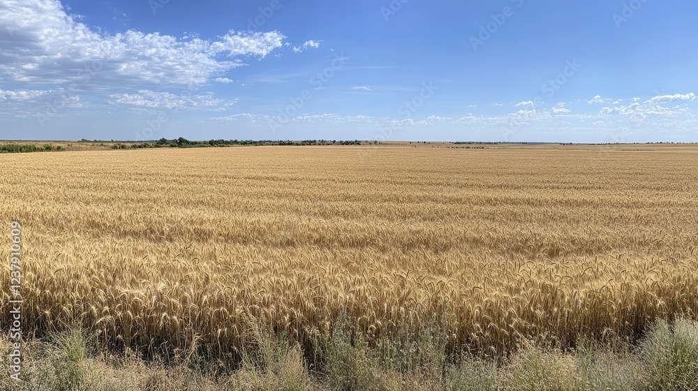 A wide-open field of golden wheat ready for harvest, with a blue sky overhead. A wide-open field of golden wheat ready for harvest, with a blue sky overhead.