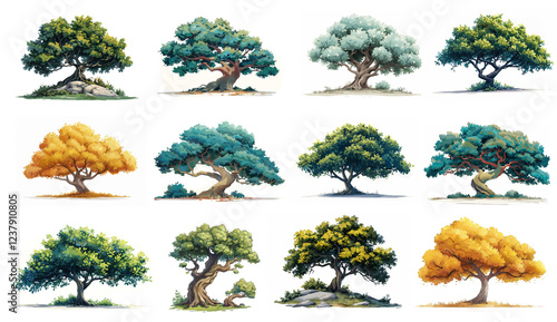 Set of trees with lush crowns and twisted branches and abundant leaves. Illustration on white background