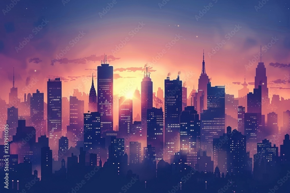 Obraz premium Vintage Ink Illustration of City Skyline at Dusk