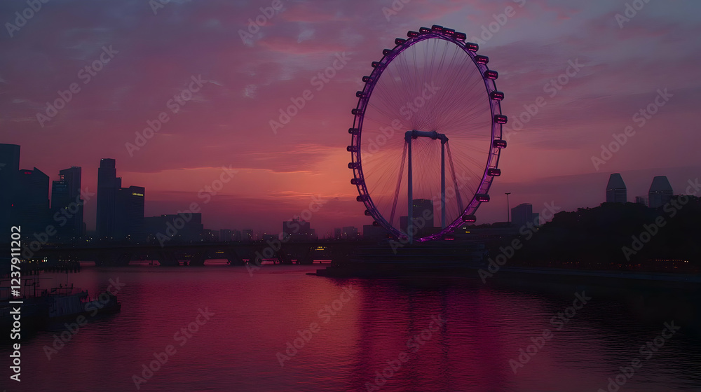 Obraz premium Cityscape sunset, Ferris wheel, river reflection