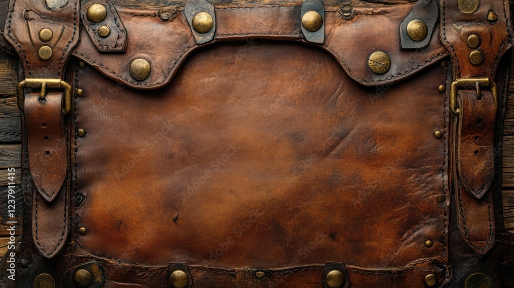 Fototapeta premium Aged Leather Texture with Metal Accents: Rustic Brown Background