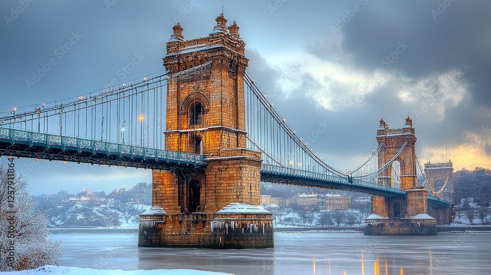 Fototapeta premium Majestic Winter Bridge: A Stunning Architectural Marvel in a Snowy Cityscape