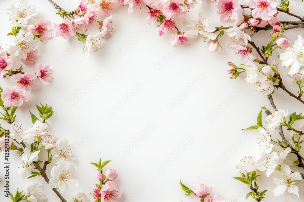 Spring blossoms frame white background, floral design, greeting card Spring blossoms frame white background, floral design, greeting card